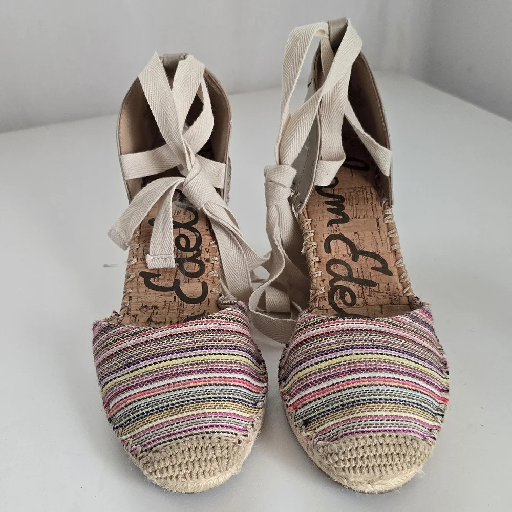 Sam Edelman Patsy Woven Multicolor Ankle Tie Wedge Espadrille Shoes Size 8